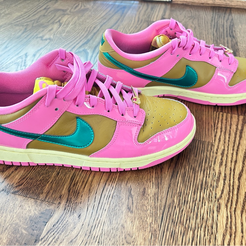 Nike Dunk Low Women's Pink and Gold Sneakers with Teal Accents (Parris Goebel)
